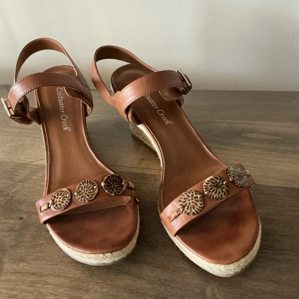 Coldwater Creek Wedge Espadrille Brown Leather Sandal Size 9